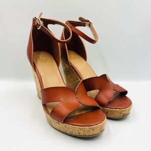 Material Girl Womens 7.5M Carmel Brown Cork Wedge Sandals Ankle Strap Heel